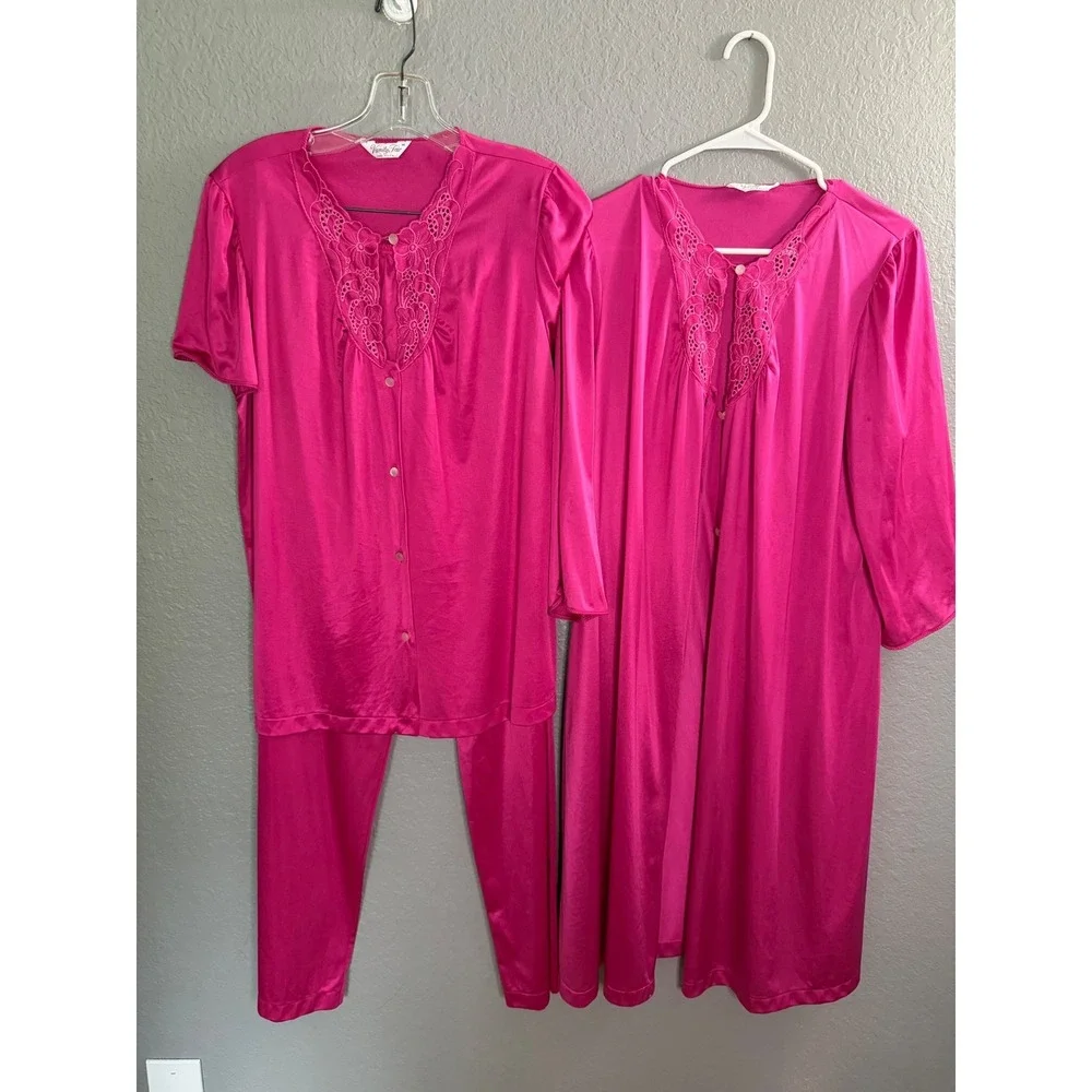 Vanity Fair VTG Nylon Pink 3 Piece Pajama MED Set Robe‎ Top Pants 80's USA